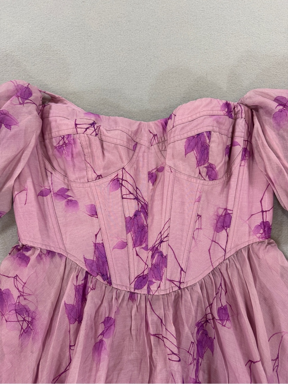 Whimsical Garden Party Fairy Bardot Kiah Corset Mini Dress Purple Floral Puff - Picture 7 of 16